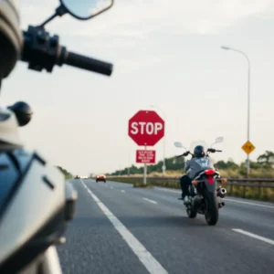 Road with motorcycle safety signs promoting awareness