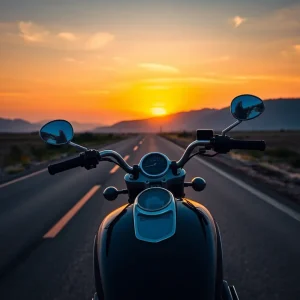 A motorcycle parked on a lonely road during sunset