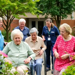 Elderly residents in a nursing home garden
