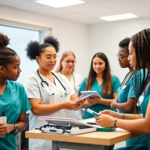 Diverse nursing students participating in clinical training at a classroom.