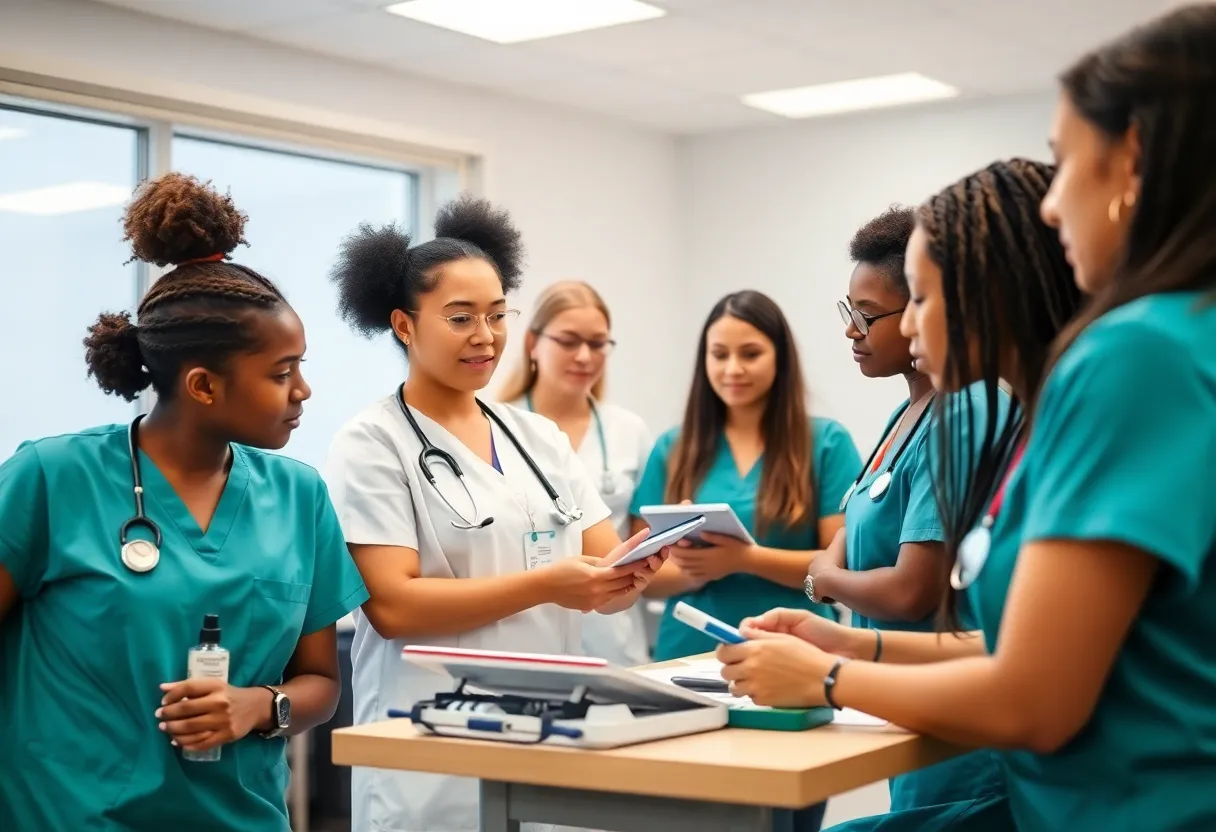 Diverse nursing students participating in clinical training at a classroom.