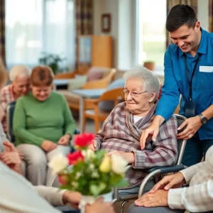 Elderly residents at a nursing home enjoying activities with staff