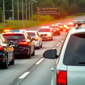 Police cars conducting a traffic stop on a highway during Operation Southern Slow Down.