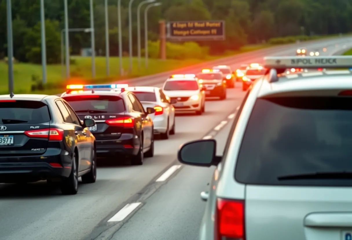 Police cars conducting a traffic stop on a highway during Operation Southern Slow Down.