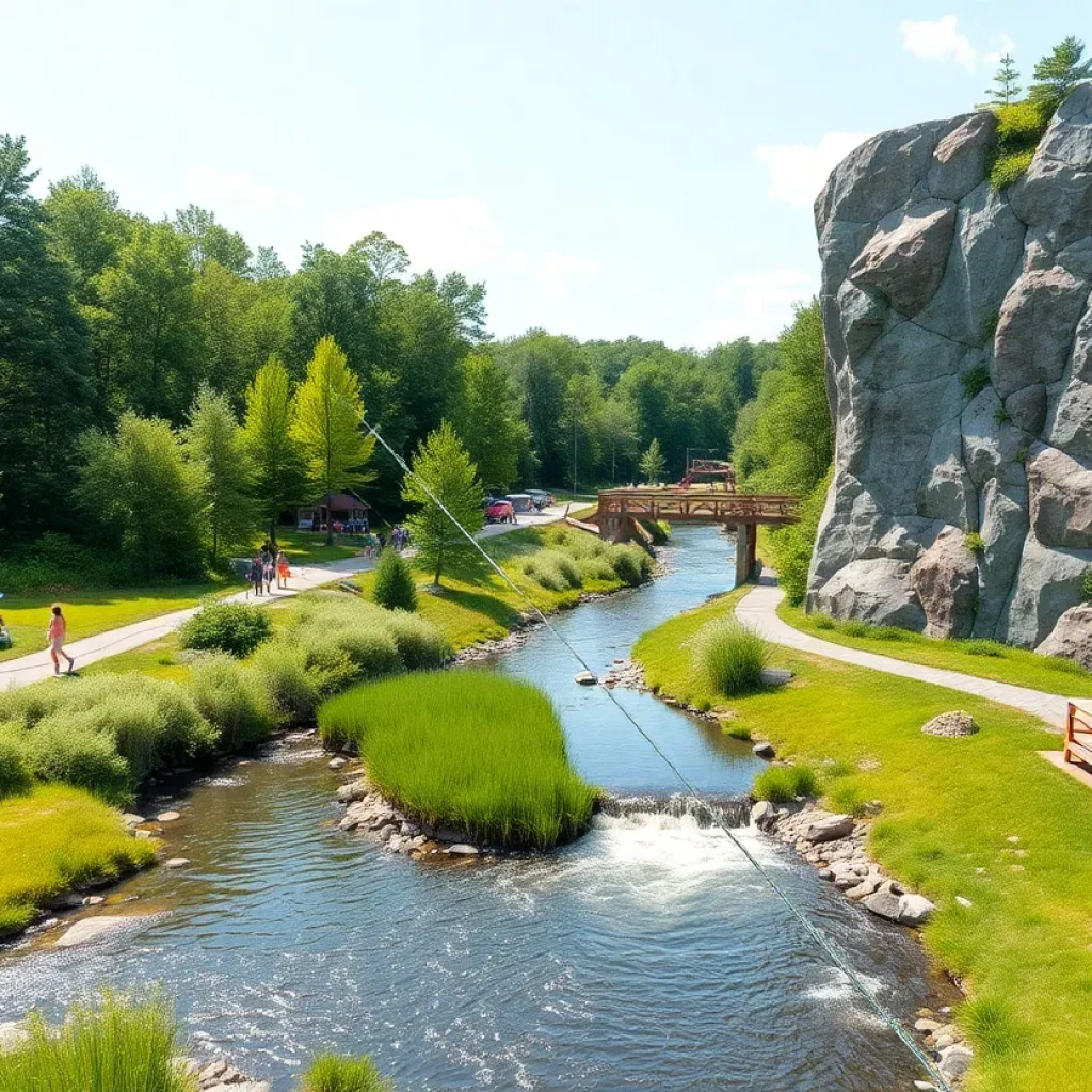 Artists rendering of the Outdoor Urban Adventure Center with a zip line and climbing wall.