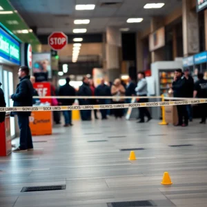 Police tape surrounding a convenience store in Augusta after a shooting incident.