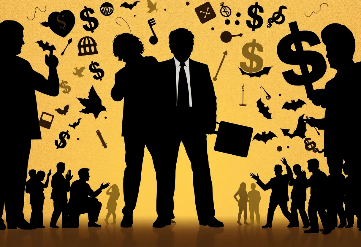 Abstract representation of political turmoil and financial scandal