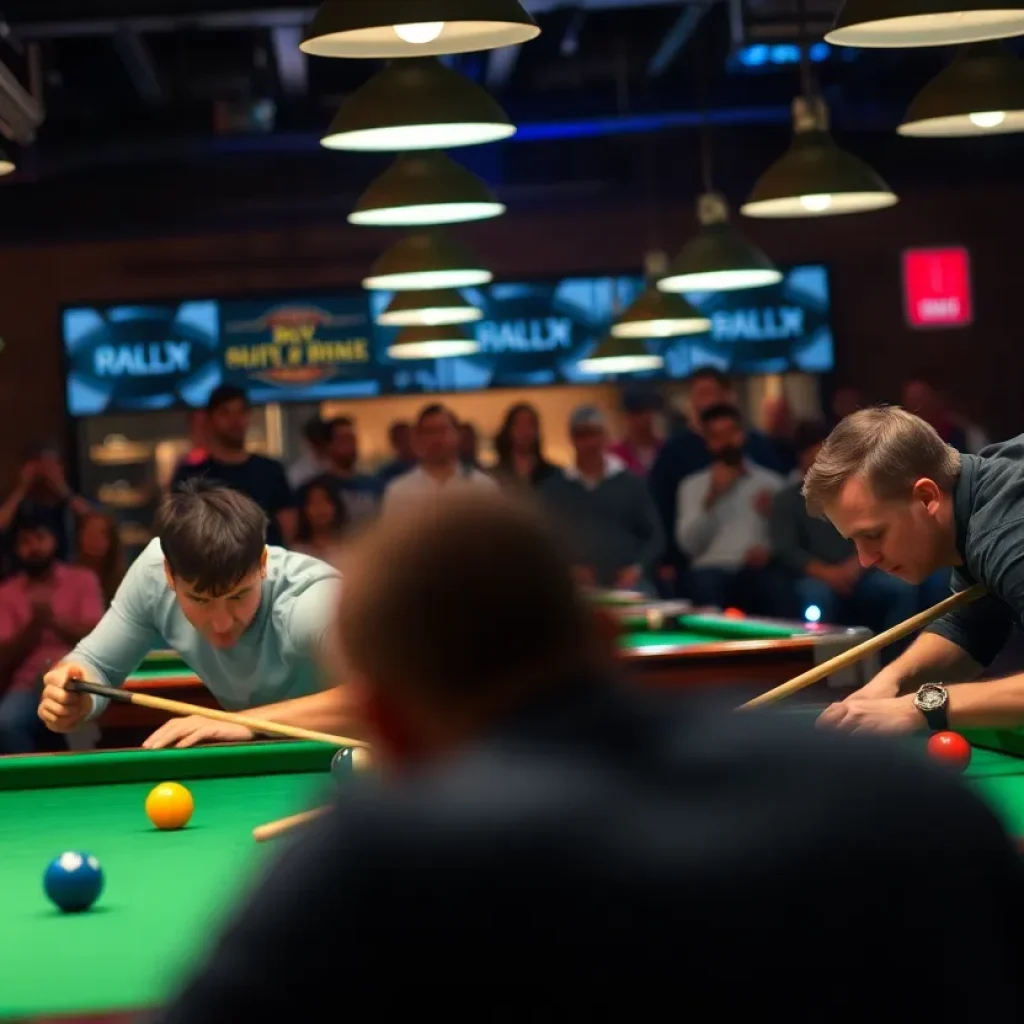 Billiards tournament scene showing players in action