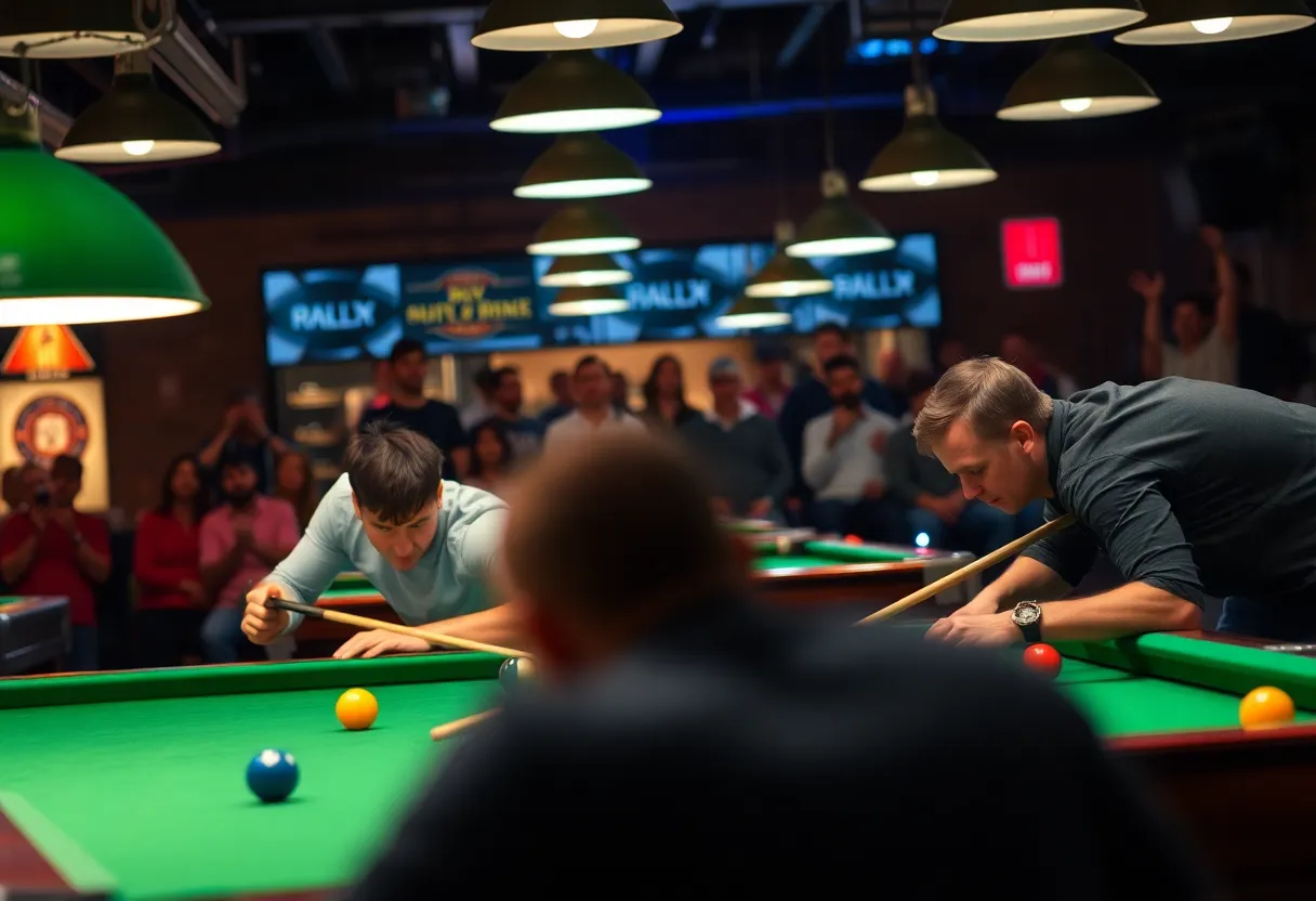 Billiards tournament scene showing players in action