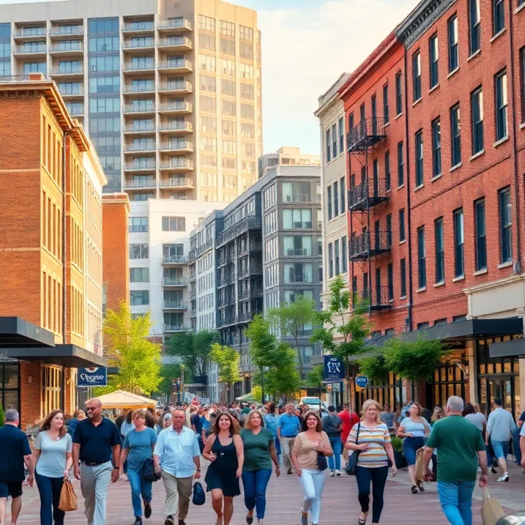 A bustling outdoor scene in downtown Augusta with new developments