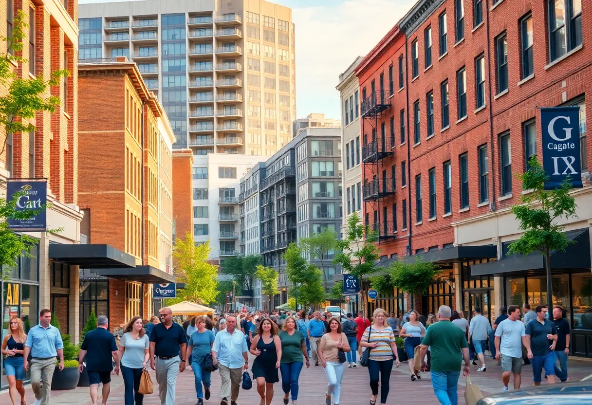 A bustling outdoor scene in downtown Augusta with new developments