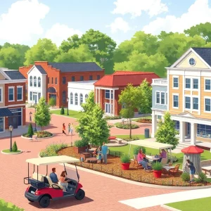A vibrant and inviting downtown area in Leesburg, Georgia, showcasing new developments and community spaces.