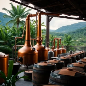 Richland Rum distillery with copper pot stills and aging barrels.