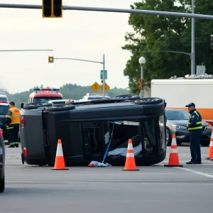 Scene of a rollover accident in North Augusta with emergency responders and overturned vehicles.