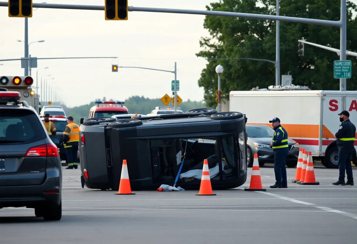 Scene of a rollover accident in North Augusta with emergency responders and overturned vehicles.