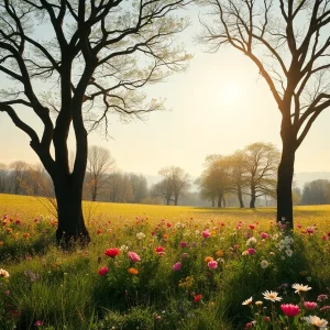 A peaceful landscape filled with trees and flowers representing love and remembrance.
