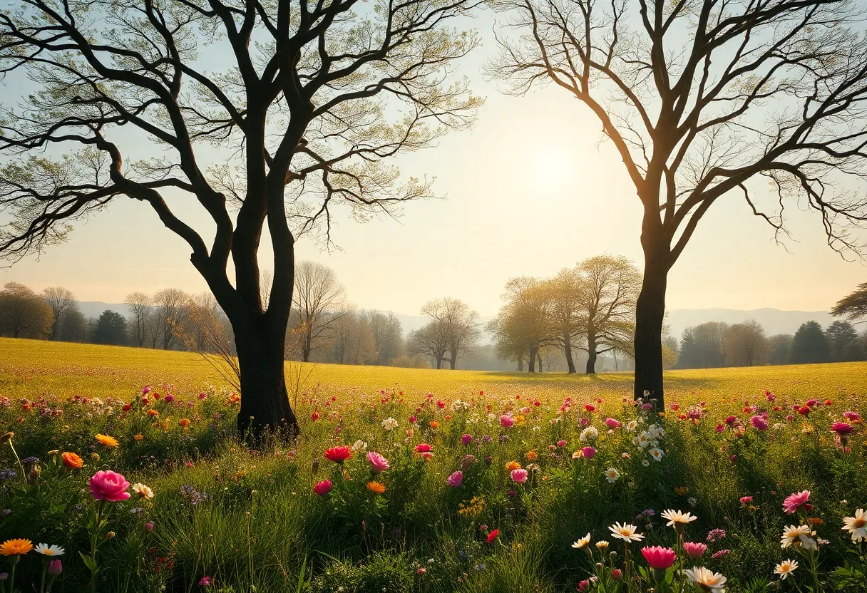 A peaceful landscape filled with trees and flowers representing love and remembrance.