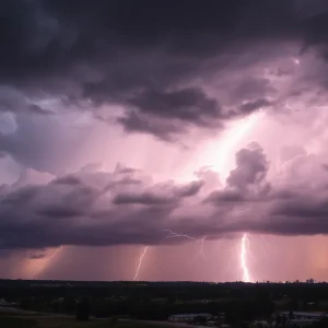 Dark storm clouds and lightning above Augusta, indicating severe weather conditions.