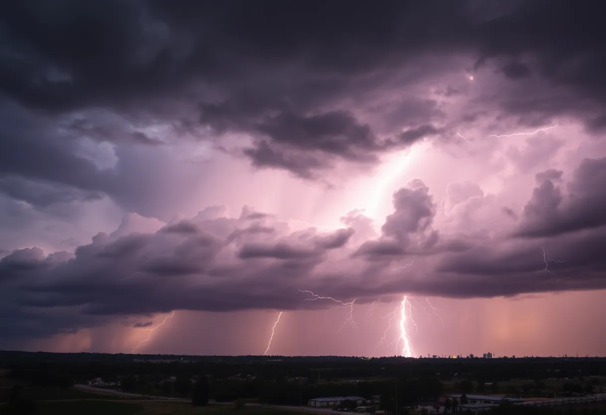 Dark storm clouds and lightning above Augusta, indicating severe weather conditions.