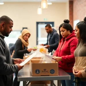 Families receiving assistance for SNAP benefits at a community soup kitchen.