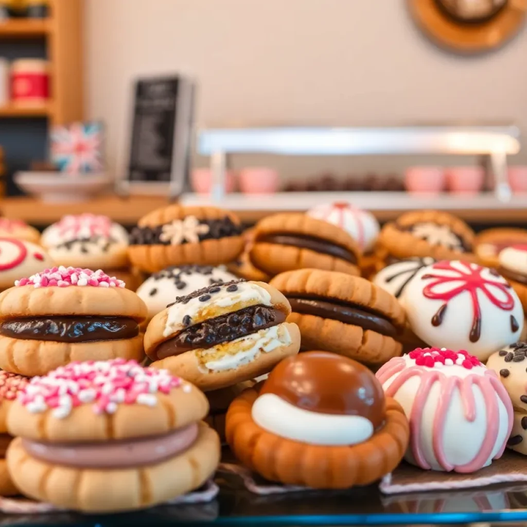 A variety of stuffed cookies on display inside a bakery.