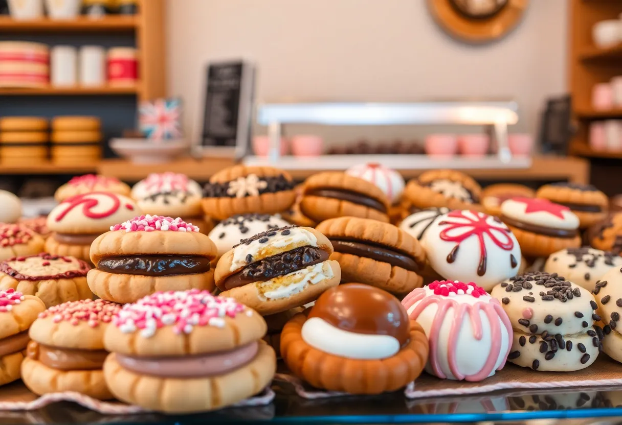 A variety of stuffed cookies on display inside a bakery.