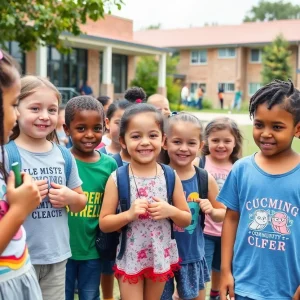 Children engaged in summer activities with community centers in the background.