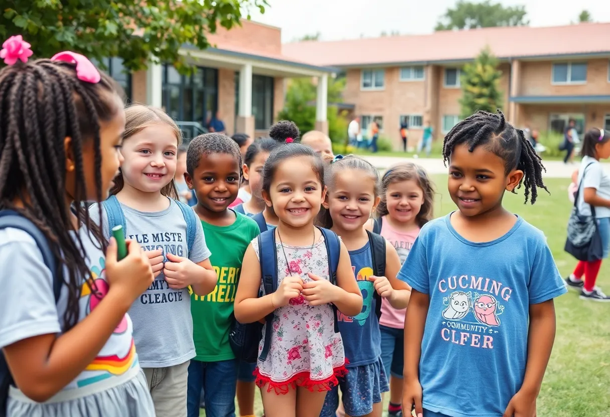 Children engaged in summer activities with community centers in the background.