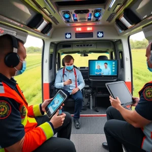 Paramedics in a rural ambulance conducting remote consultations using telemedicine tablets.