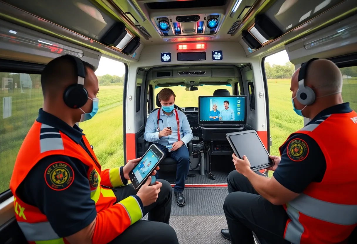 Paramedics in a rural ambulance conducting remote consultations using telemedicine tablets.