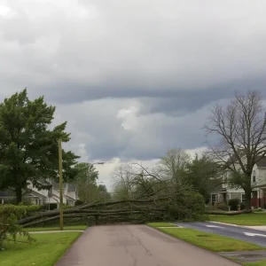 Damage caused by severe thunderstorms in Augusta, including fallen trees and roadblocks.