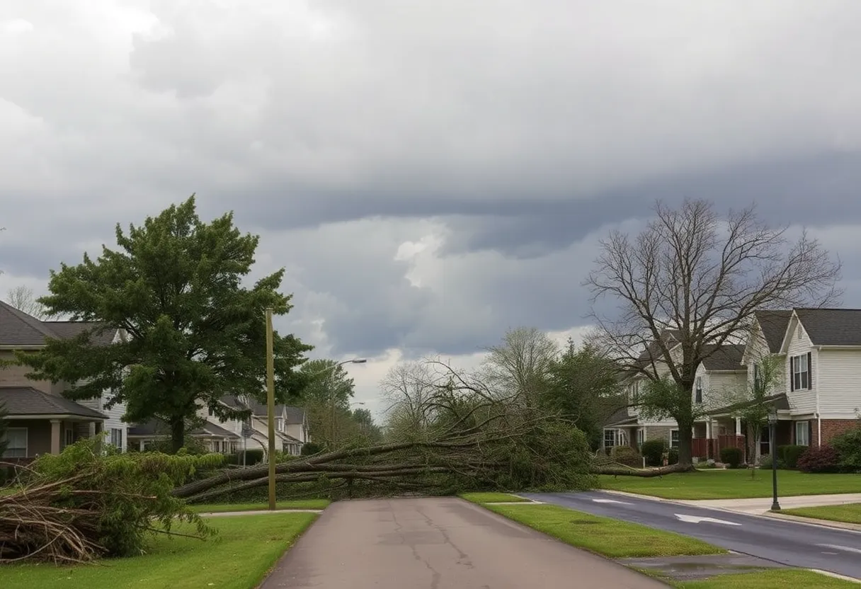Damage caused by severe thunderstorms in Augusta, including fallen trees and roadblocks.