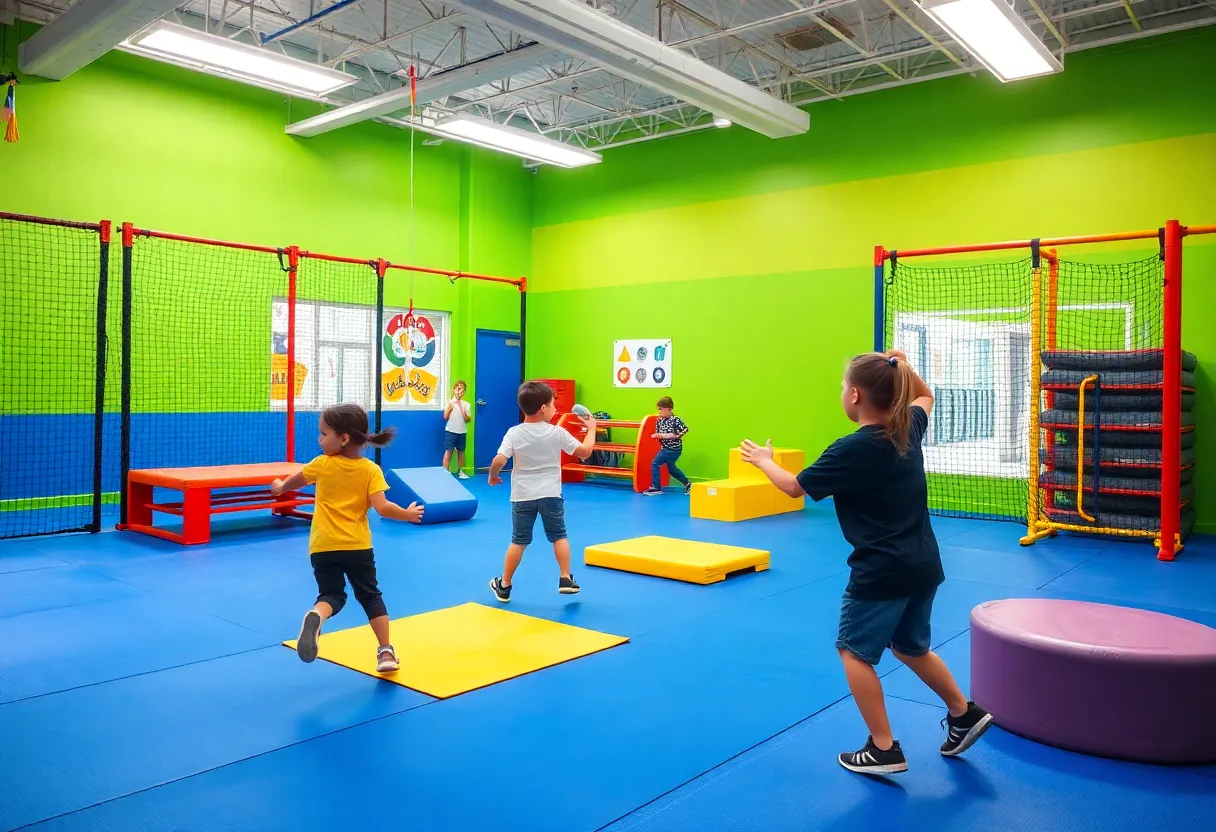 Kids participating in USA Ninja Challenge fitness program with obstacle courses.
