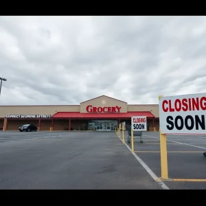 Closure sign on vacant grocery store