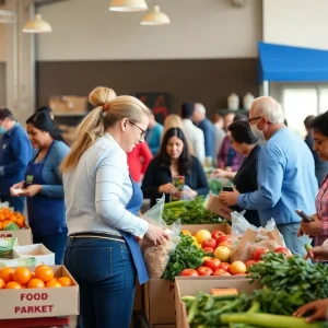 Volunteers distributing food at a community food bank