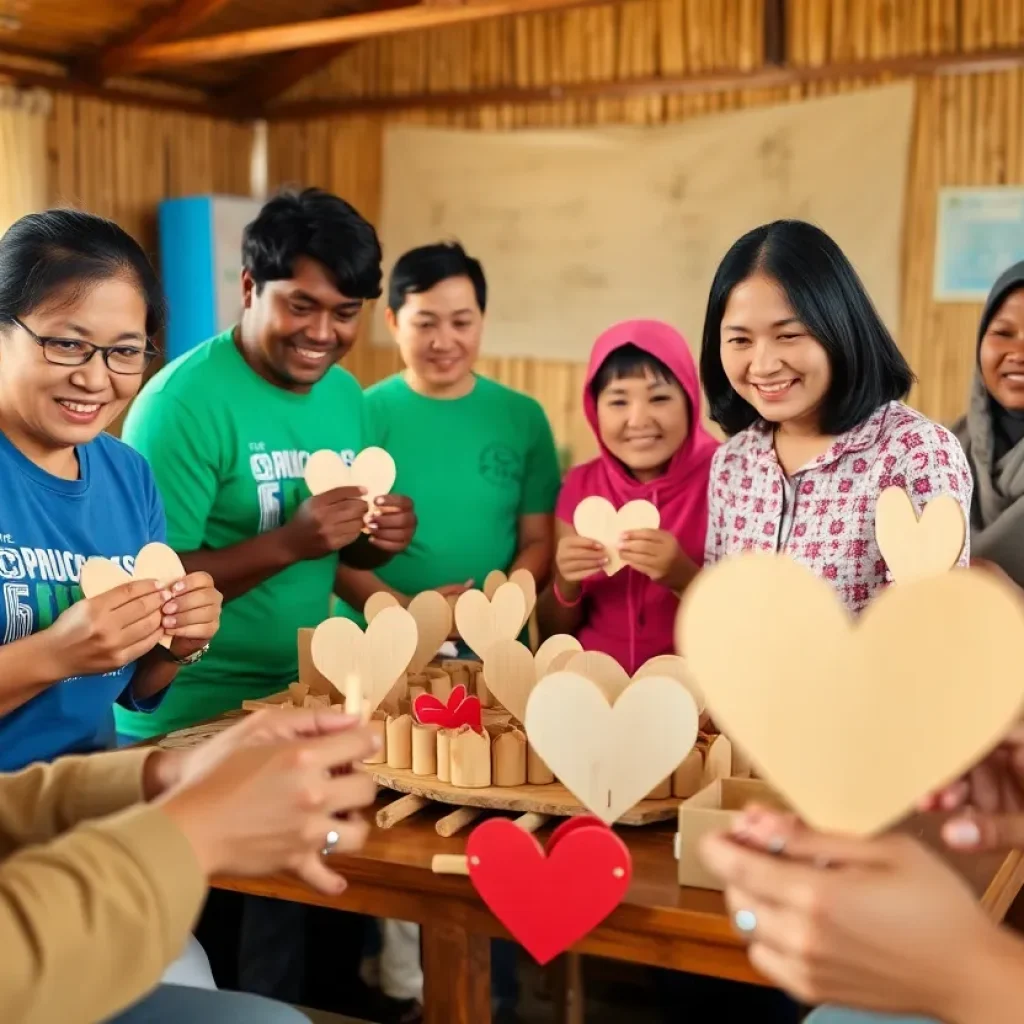 Volunteers making bamboo hearts for Texas flood relief