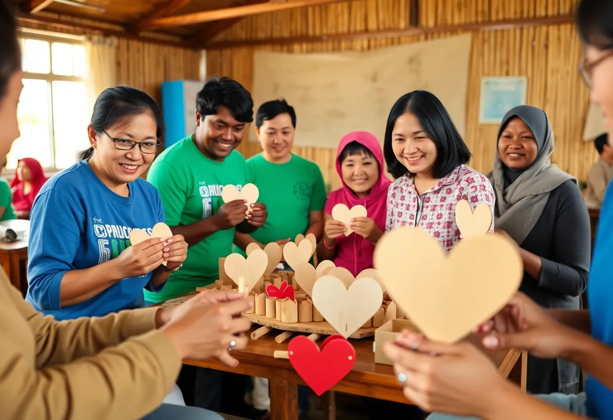 Volunteers making bamboo hearts for Texas flood relief
