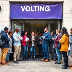 A group of voters discussing their voting rights outside a polling station.