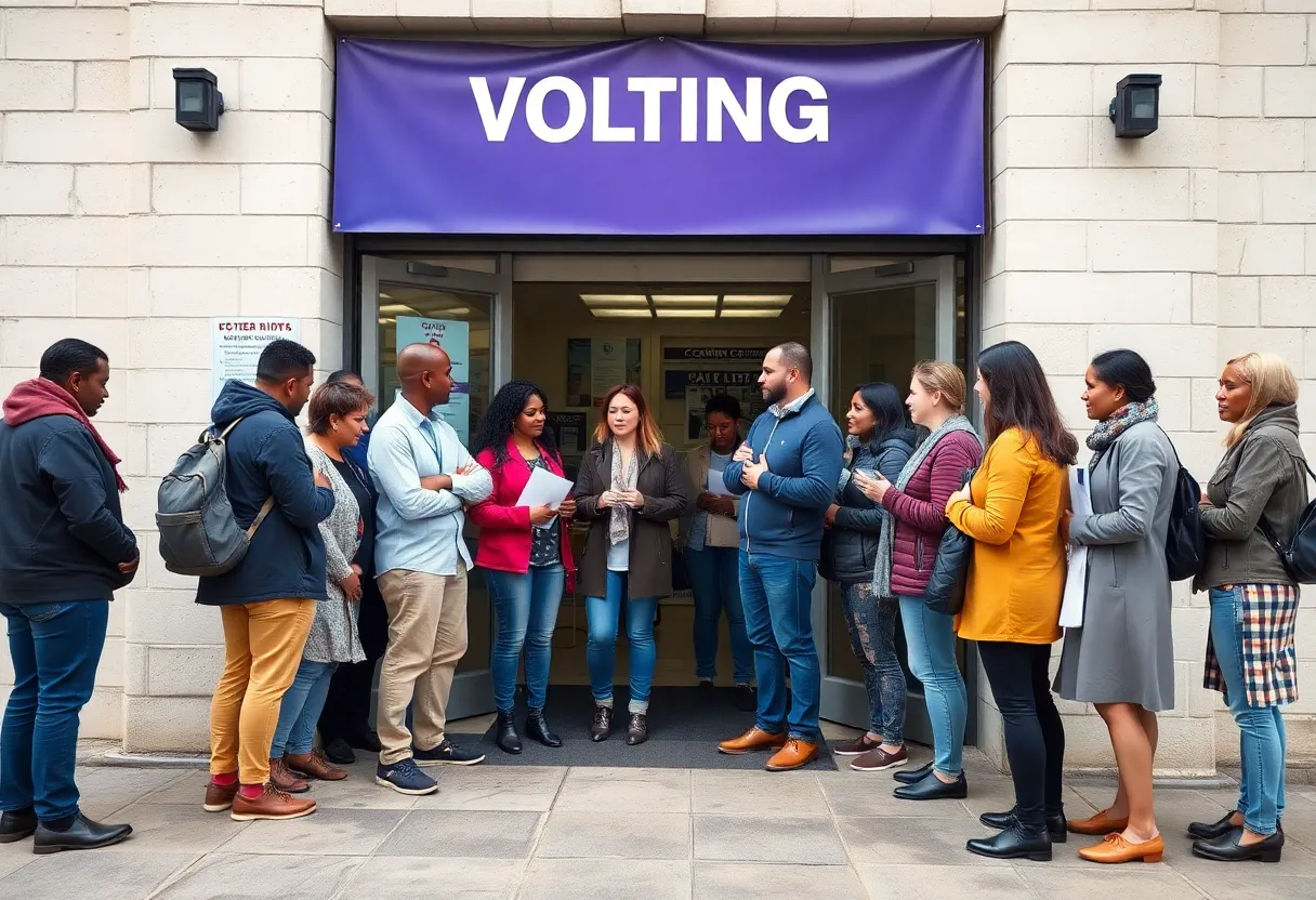 A group of voters discussing their voting rights outside a polling station.