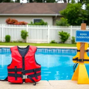 Safety measures at a backyard pool, emphasizing water safety.