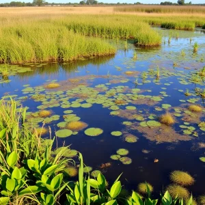 A view of a wetland area with natural vegetation and signs of potential development in the background.