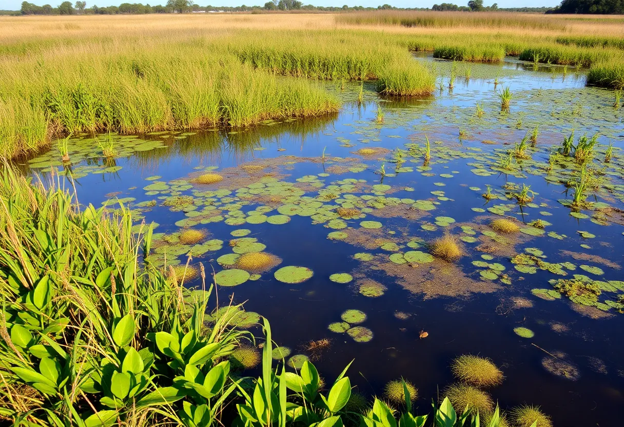 A view of a wetland area with natural vegetation and signs of potential development in the background.