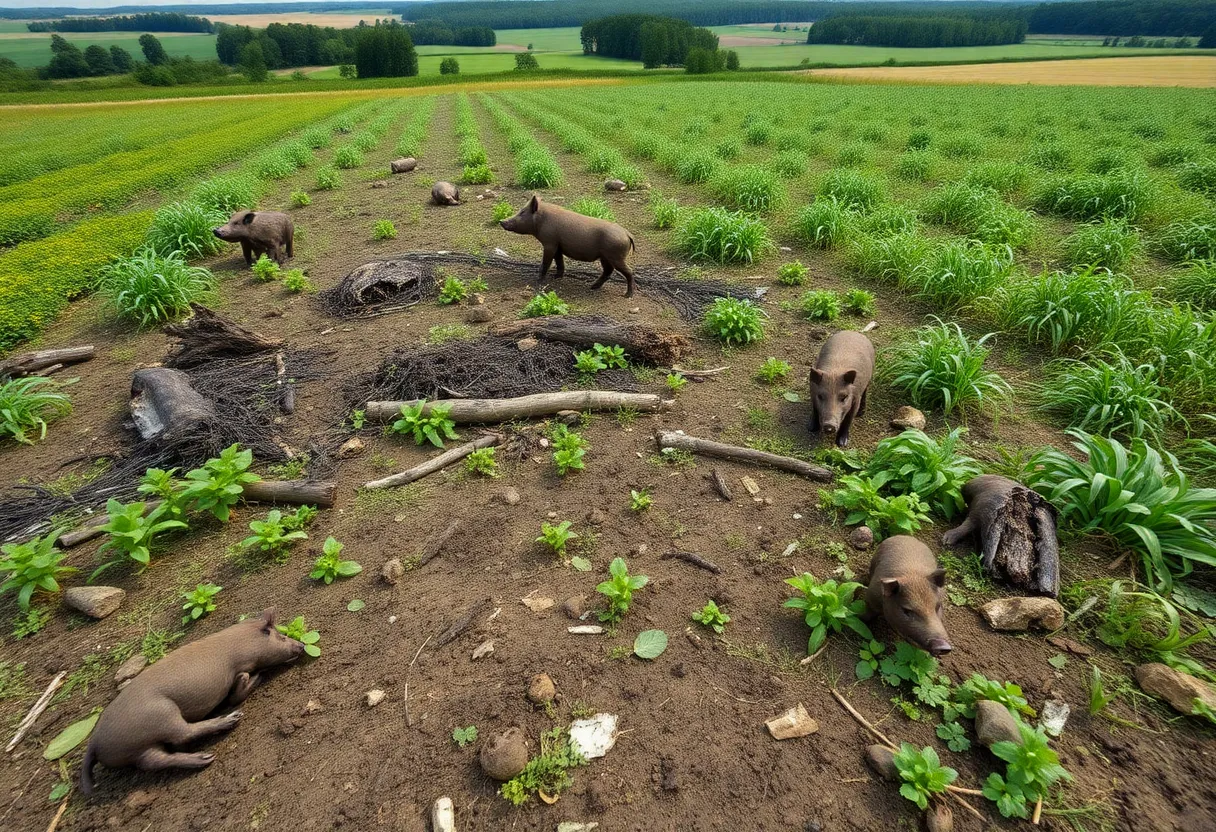 Farmland showing damage caused by wild pigs in Georgia