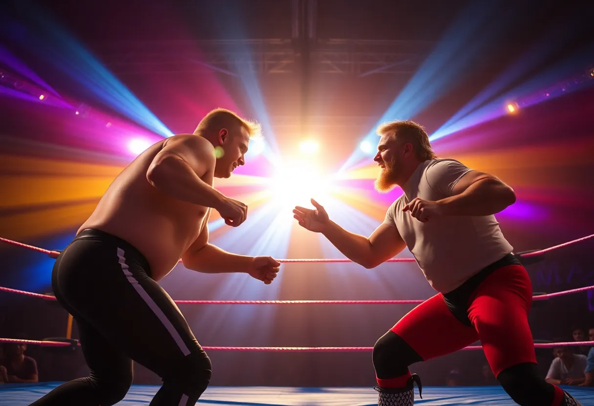 A vibrant wrestling scene capturing the energy of the sport.