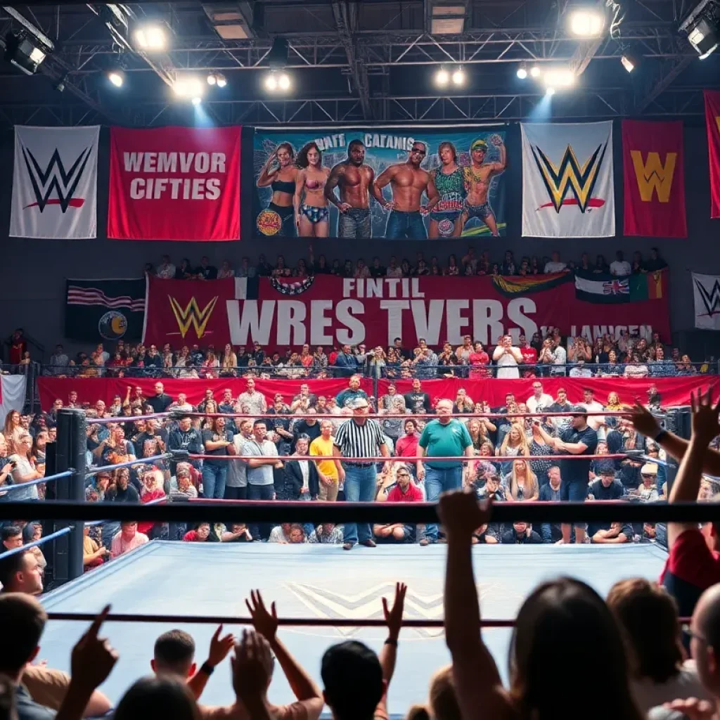 Vibrant wrestling ring tribute with cheering fans