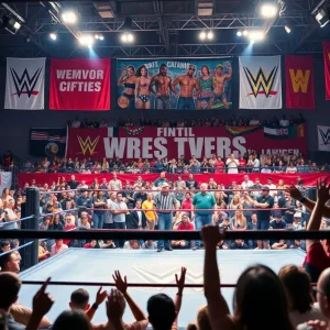 Vibrant wrestling ring tribute with cheering fans