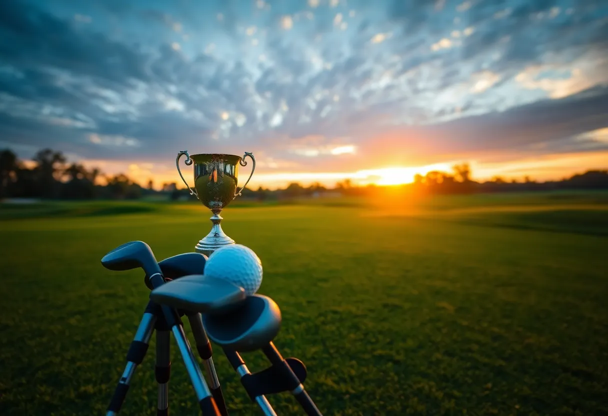 A young golfer celebrating with a trophy on the golf course at sunset
