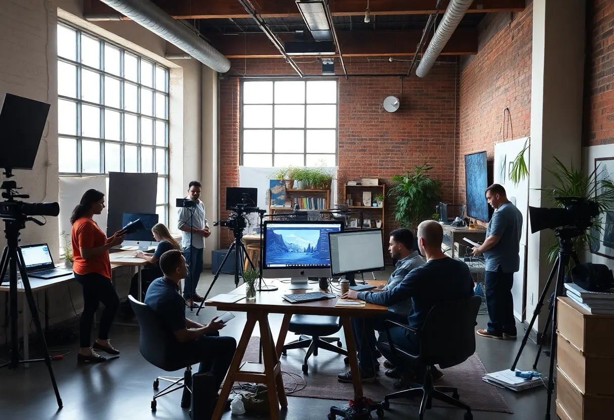 Interior of a bustling content creation studio in Atlanta with creators at work.
