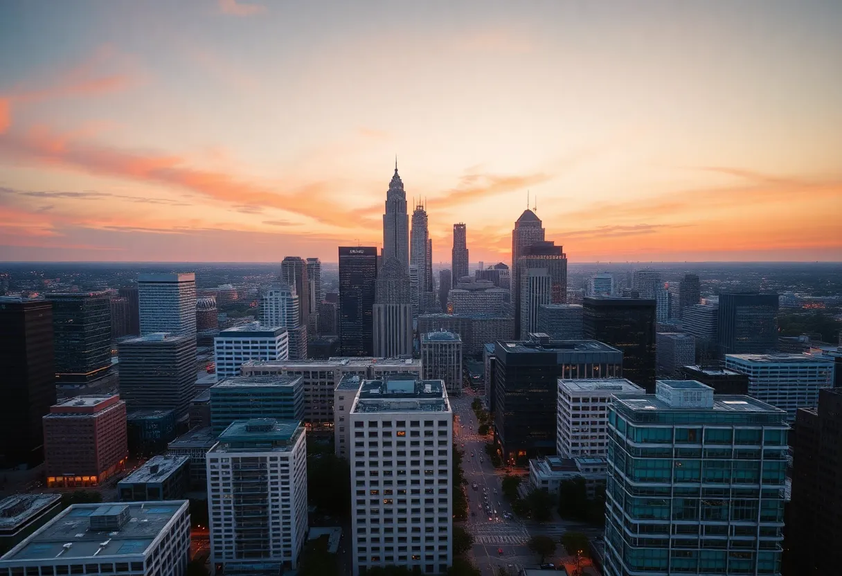 Aerial view of Atlanta, Georgia skyline during sunset