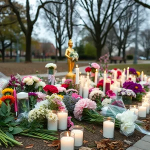 Memorial flowers and candles in Augusta community park